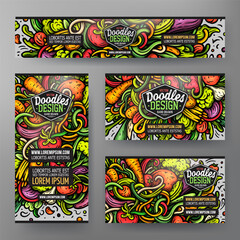Cartoon vector doodle set of Vegetables corporate identity templates. Colorful funny banners, id cards, flayer for the use on branding, invitations, cards, apps, web design.