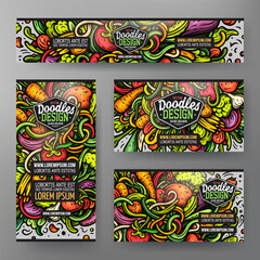 Obraz premium Cartoon vector doodle set of Vegetables corporate identity templates. Colorful funny banners, id cards, flayer for the use on branding, invitations, cards, apps, web design.