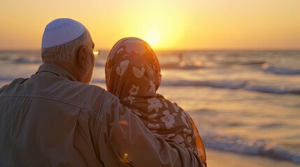 A man and a woman are standing on the sandy shore, overlooking the vast ocean. The couple seems to be enjoying the view and the sound of the waves crashing against the beach