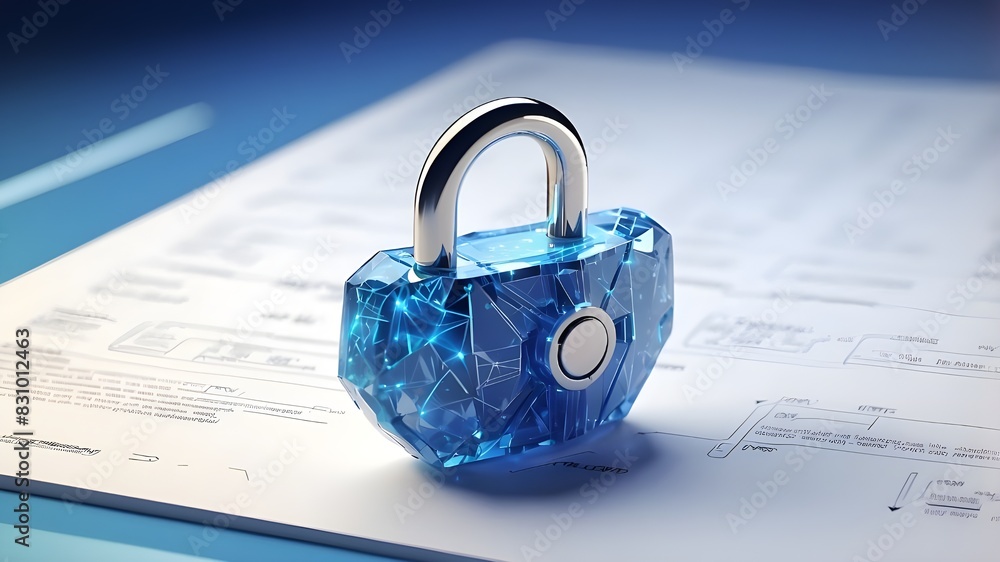 Poster a modern depiction of a cyber safety padlock on a data sheet in blue. internet security lock informa