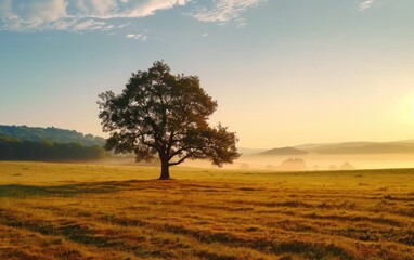 Fototapeta premium Serene Sunrise with a Lone Tree in a Field