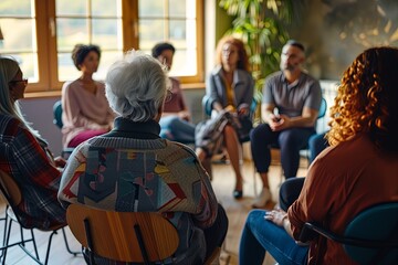 Support group session with diverse participants sharing in a comfortable setting