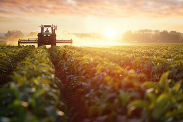 Tractor working on a farm field at sunrise with mist in the background