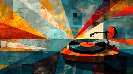 A grungy, colorful collage with music notes, splattered paint, and vintage patterns