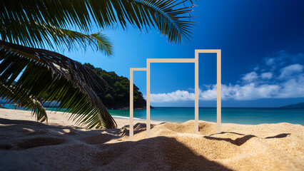 Summer background with frame, nature of tropical golden beach with rays of sun light and leaf palm. Golden sand beach close-up, sea, blue sky, white clouds. Copy space, summer vacation concept.