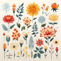 set of Gazania, plants, leaves and flowers. illustrations of beautiful realistic flowers for background, pattern or wedding invitations