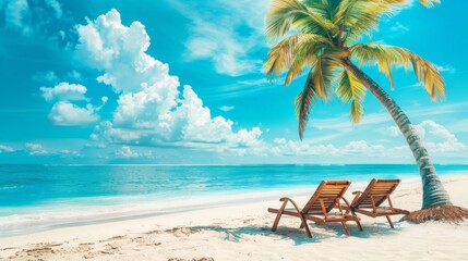 A beautiful tropical beach with palm trees, white sand and two sun loungers on a background of turquoise ocean and blue sky with clouds.
