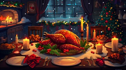 A festive holiday dinner table with a roast turkey, candles, and Christmas decorations cartoon Vector Illustration Generative AI