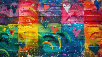 A graffiti wall, LGBTQ symbols and messages, bold and dynamic, rainbow colors and abstract patterns. Background of a city alley. Crisp graffiti details, colorful lighting illuminating the wall,