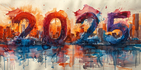 A watercolor painting stylized with the numbers 2025 depicting a cityscape scene