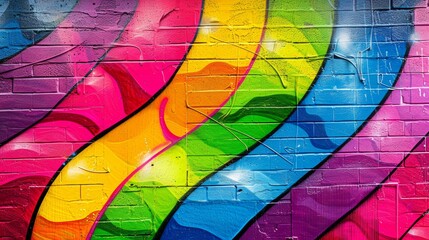 Fototapeta premium A graffiti wall, LGBTQ symbols and messages, bold and dynamic, rainbow colors and abstract patterns. Background of a city alley. Crisp graffiti details, colorful lighting illuminating the wall,