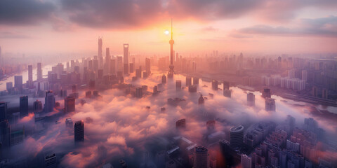 Fototapeta premium Thick smog over a big city, illustrating the air pollution problem.