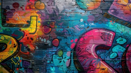 A graffiti wall, LGBTQ pride theme, blend of text and imagery, rainbow and pastel colors, energetic style. Cityscape background. Detailed graffiti work, colorful and soft lighting, shadows enhancing