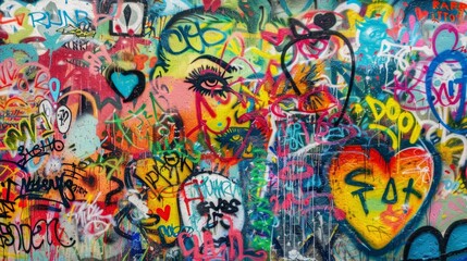 A graffiti wall, celebration of LGBTQ culture, mix of portraits and symbols, vibrant and energetic. Urban street setting. Detailed and vivid graffiti, bright lighting enhancing colors, subtle shadows