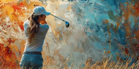 A painting of a woman elegantly playing golf in a lush field