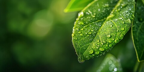 close up the green leaf with dew and copy space - Powered by Adobe