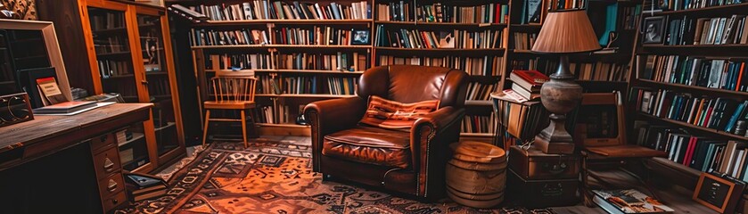 Cozy vintage library with leather chair, shelves filled with books, warm lighting, and oriental rug, creating a perfect reading nook.