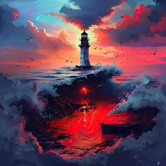 Dramatic lighthouse at sunset with turbulent waves and vibrant sky, ideal for coastal and maritime themed artwork.