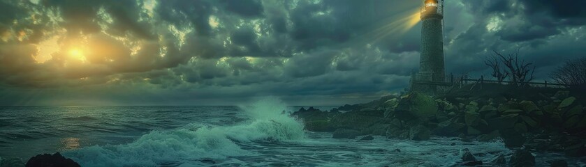 Fototapeta premium Dramatic lighthouse scene with crashing waves, stormy clouds, and glowing light beacon against a dark, ominous sky.