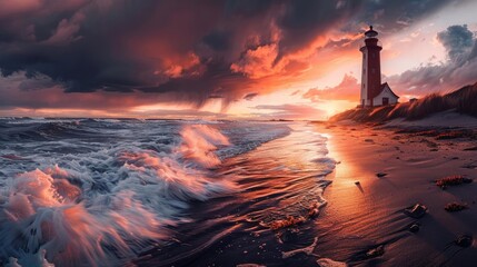 Dramatic sunset over a stormy sea with crashing waves and a lighthouse standing tall on the shore, casting a warm glow in the evening light.