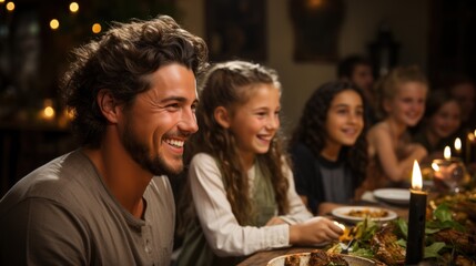 A happy family is having a great time while enjoying a meal at a warmly lit, rustic restaurant