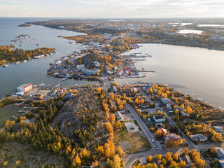 Aerial view of Yellowknife Bay and Old Town in Autumn. Yellowknife, Great Slave Lake, Northwest...