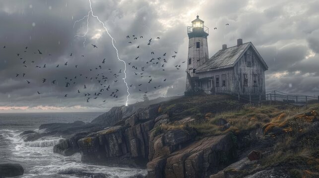 Dramatic lighthouse scene with lightning, stormy skies, and flock of birds over rugged coastline, perfect for atmospheric and moody themes.