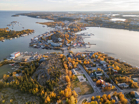 Aerial view of Yellowknife Bay and Old Town in Autumn. Yellowknife, Great Slave Lake, Northwest Territories, Canada.