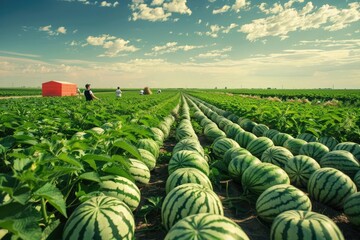 Lush watermelon field stretching to the horizon under a blue sky, with a red barn and workers tending to the vibrant green plants.