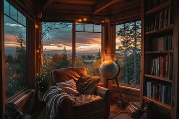 Cozy reading nook with warm lighting and a scenic sunset view, perfect for relaxation and reflection in a serene setting.