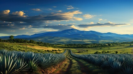 A stunning landscape of an agave plantation with a dirt road leading to mountains under a vibrant sky