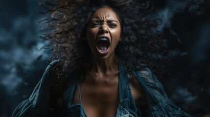 Intense emotion and raw power emanate from a woman with a dramatic expression against a stormy backdrop