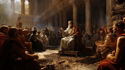 Fototapeta premium An evocative digital painting of a Roman speaker addressing an attentive audience in a grand, sunlit hall
