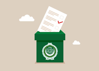 Voting in Arab League. Paper ballots to election box. Flat vector illustration
