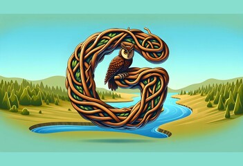The letter G made of intertwined branches, with a perched owl and a river meandering in the background