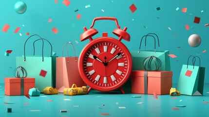 Cartoon depiction of a big red alarm clock surrounded by shopping bags and boxes, symbolizing the urgency of Black Friday deals cartoon Vector Illustration Generative AI