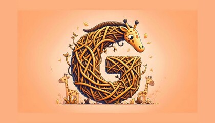 A letter G made of intertwined branches, with a giraffe and a pink background