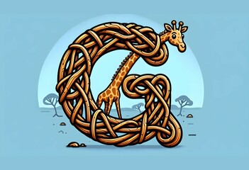 A letter G made of intertwined branches, with on  a giraffe in the background