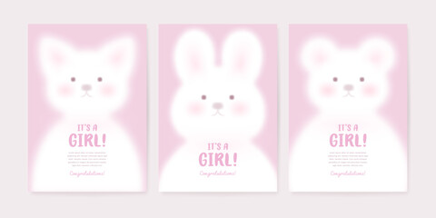 Baby girl shower greeting card, poster, banner or invitation design template with cartoon bear, bunny, kitten on pink background. It's a girl. Vector illustration