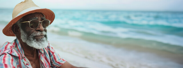 Elderly man enjoys retirement by the sea with space for text on the right.