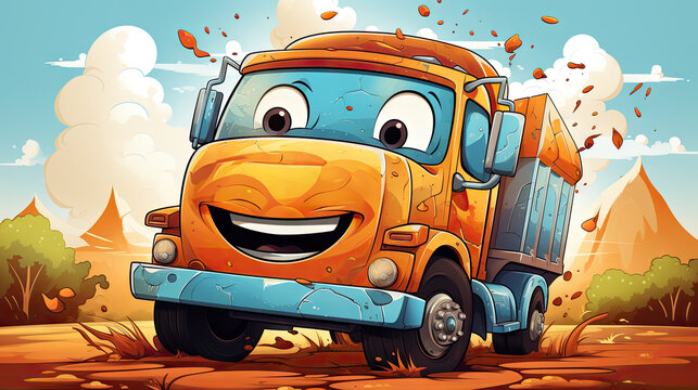 Cheerful cartoon dump truck driving on a dusty road with mud splatters and an animated smile