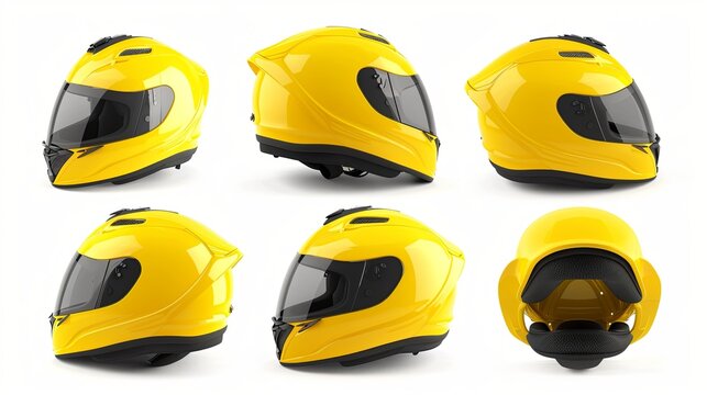 Motorcycle helmets as a full yellow on a white background. The front, top, back, side