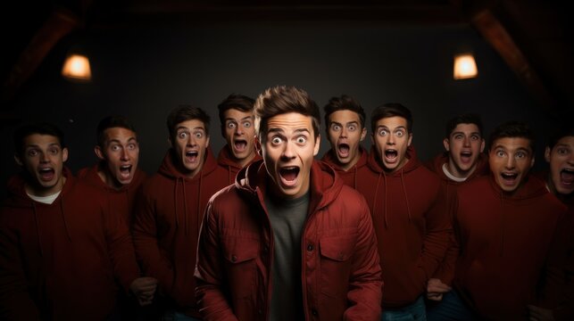 A photoshopped image of a man with echoed expressions of excitement on a dark background