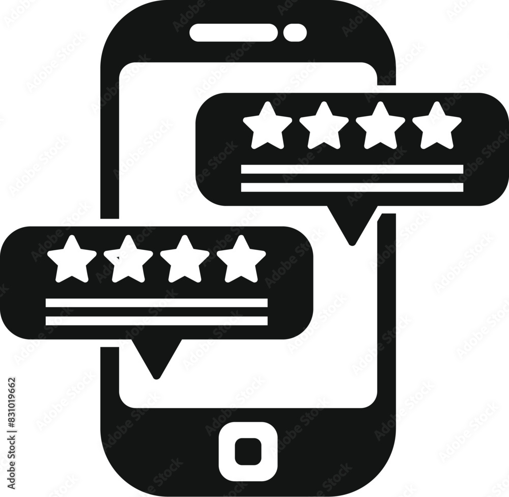 Poster black and white icon showing a smartphone with user rating bubbles
