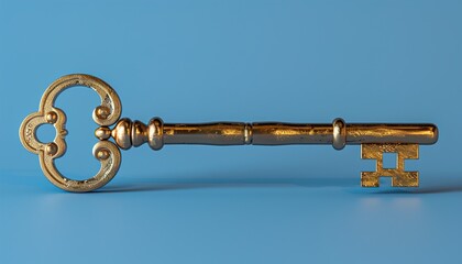 Gold house key with blue background.3d rendering