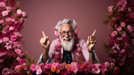 An elderly man with a beard shows exuberance amongst a floral arrangement on a pink background