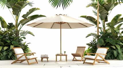 Fototapeta premium outdoor terrace with umbrella and chairs. isolated on white background