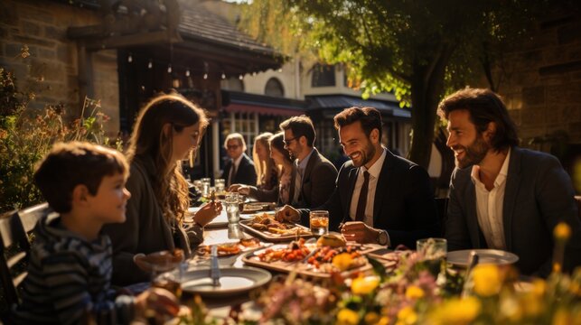 A family enjoys an outdoor meal together, blurred faces to maintain privacy of individuals