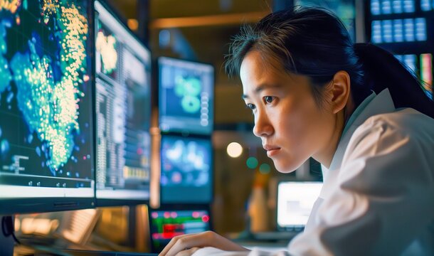 Scientists meticulously study complex data analysis on multiple screens in a high-tech workspace.