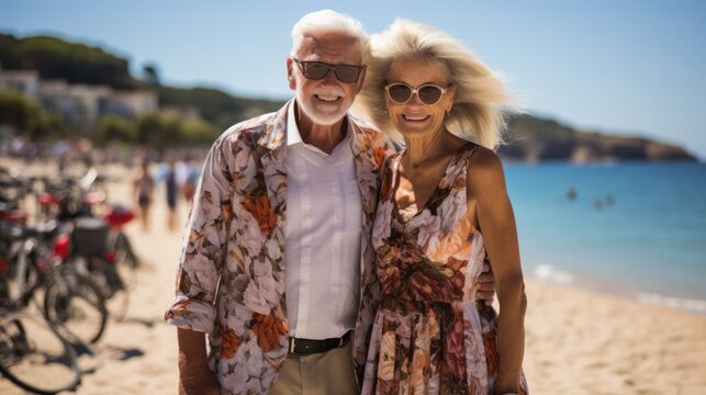 Joyful elderly couple dressed in summer clothes embracing each other on a sunny beach with bicycles in the background